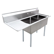 Commercial Stainless Steel Two Tub Sink – 18” x 21” x 14” Bowls | Center Drain with Left Drainboard