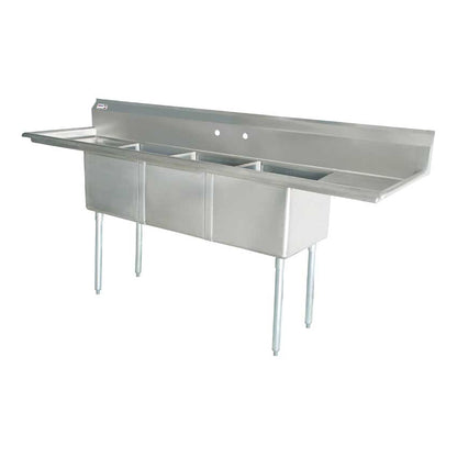 Commercial Stainless Steel Three Tub Sink – 18” x 18” x 11” Bowls | Center Drain