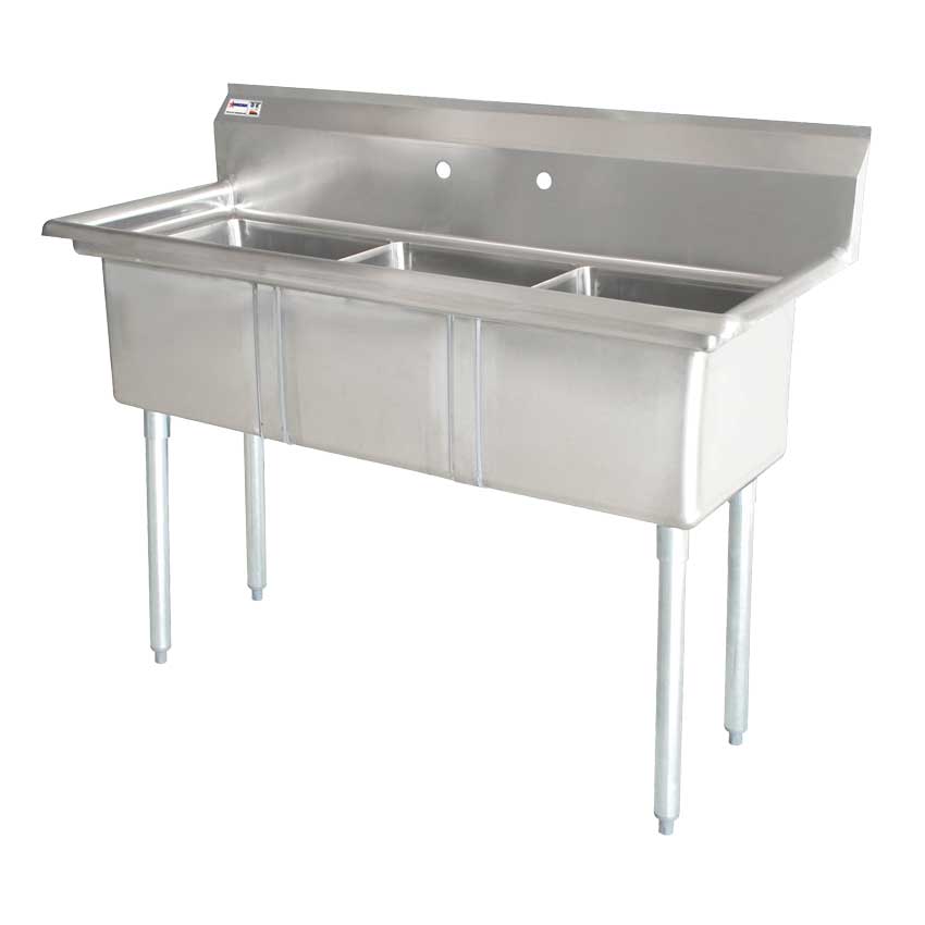 Commercial Stainless Steel Three Tub Sink – 18” x 18” x 11” Bowls | Center Drain