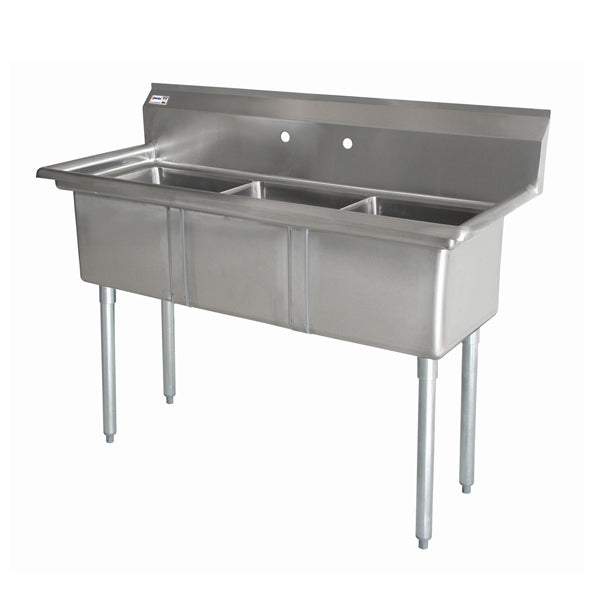 Compact Stainless Steel Three Tub Sink – 10” x 14” x 10” Bowls | Space Saver Center Drain (No Drainboard)