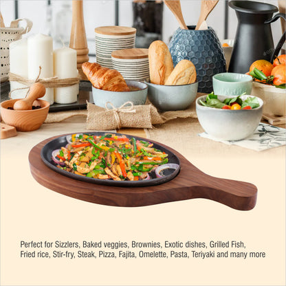 Racket Sizzler with Side Handle – 9" Cast Iron Sizzler Plate with Wooden Base for Restaurant Serving