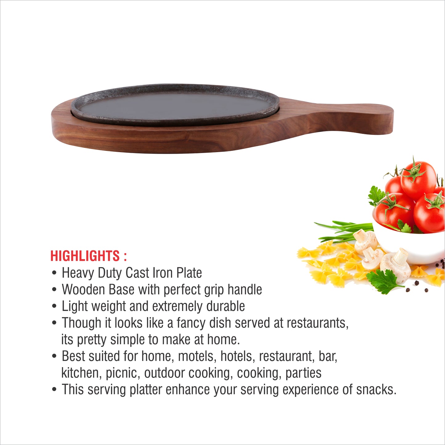 Racket Sizzler with Side Handle – 9" Cast Iron Sizzler Plate with Wooden Base for Restaurant Serving