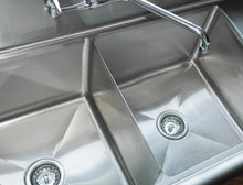 Commercial Stainless Steel Three Tub Sink – 24” x 24” x 14” Bowls | Center Drain with Dual Drainboards (4 Faucet Holes)