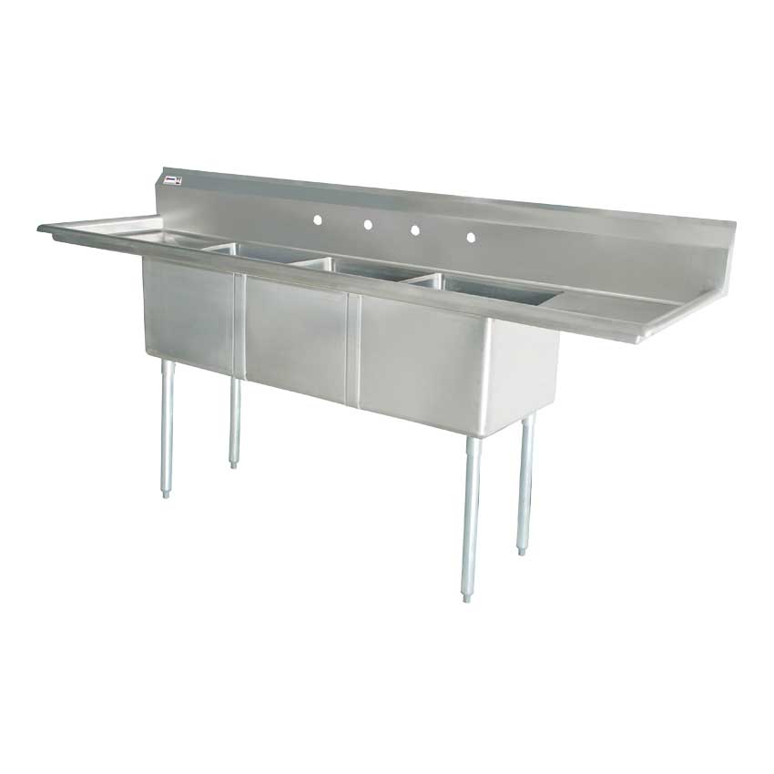 Commercial Stainless Steel Three Tub Sink – 24” x 24” x 14” Bowls | Center Drain with Dual Drainboards (4 Faucet Holes)
