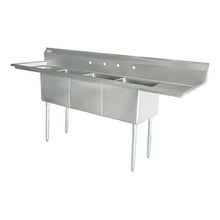 Commercial Stainless Steel Three Tub Sink – 24” x 24” x 14” Bowls | Center Drain with Dual Drainboards (4 Faucet Holes)