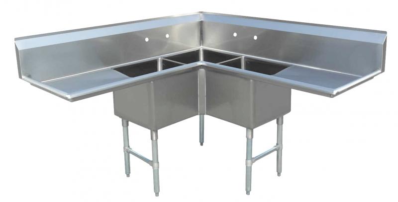 Commercial Stainless Steel Three Tub Sink – 18” x 18” x 14” Bowls | Corner Drain with Dual Drainboards