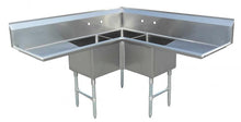 Commercial Stainless Steel Three Tub Sink – 18” x 18” x 14” Bowls | Corner Drain with Dual Drainboards